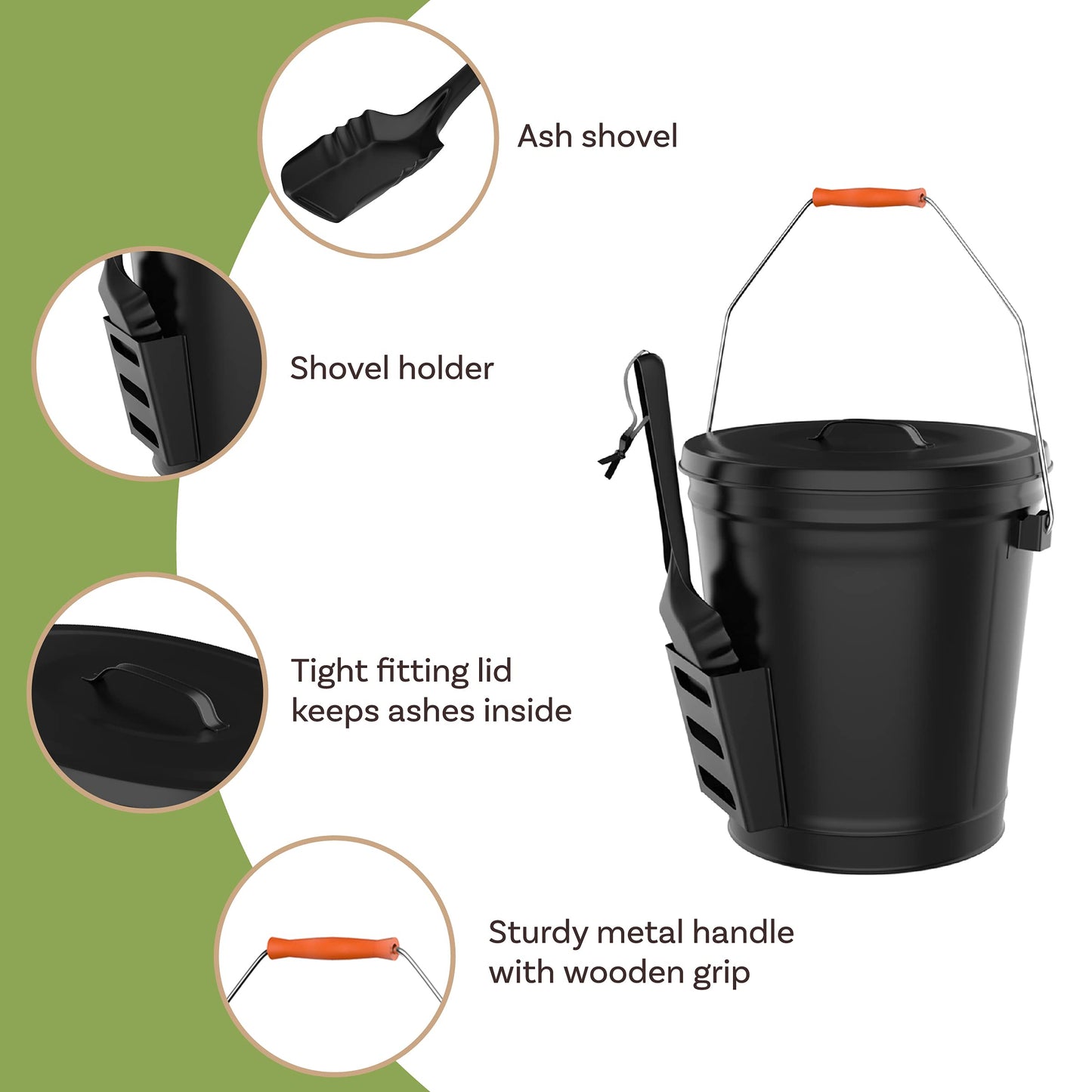 Pure Garden 4.75 Gal Ash Bucket with Lid & Shovel