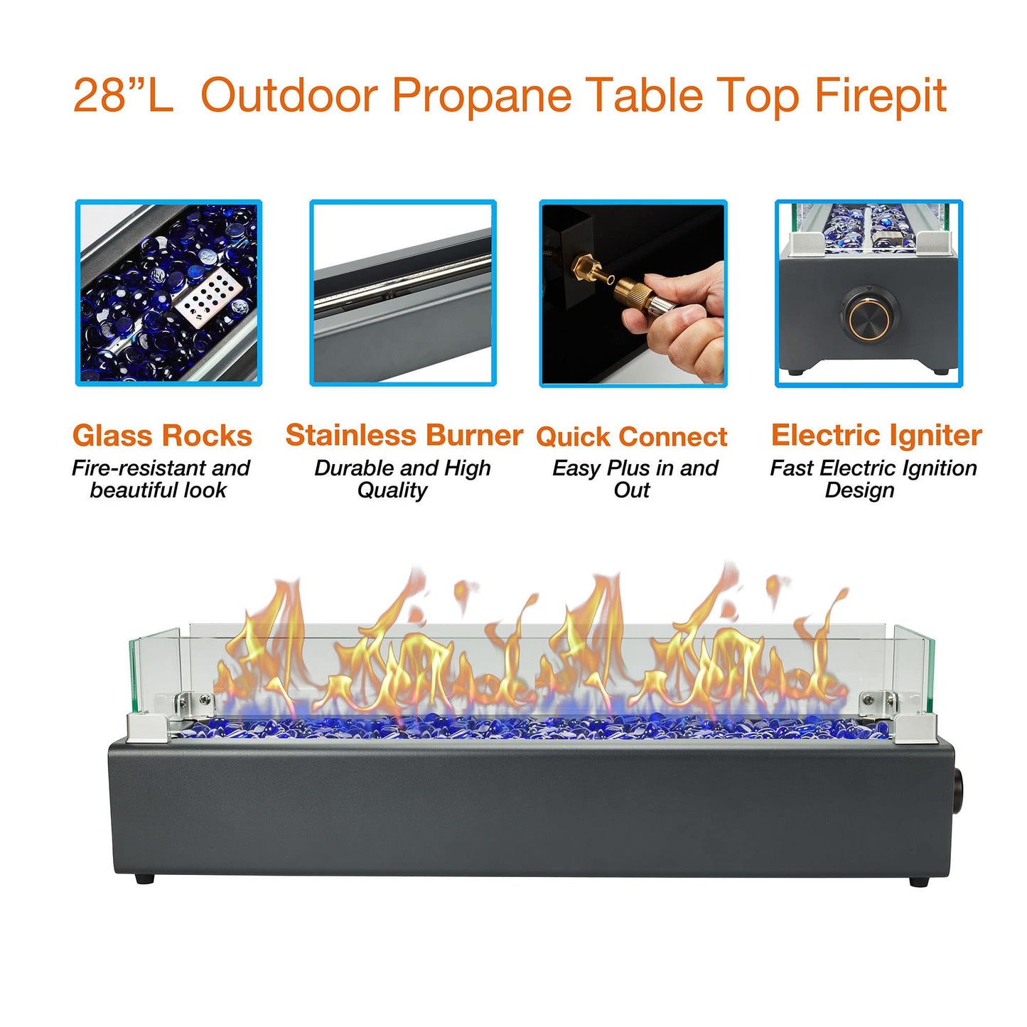 BAIDE HOME 28″ Propane Tabletop Fire Pit – Carbon Gray