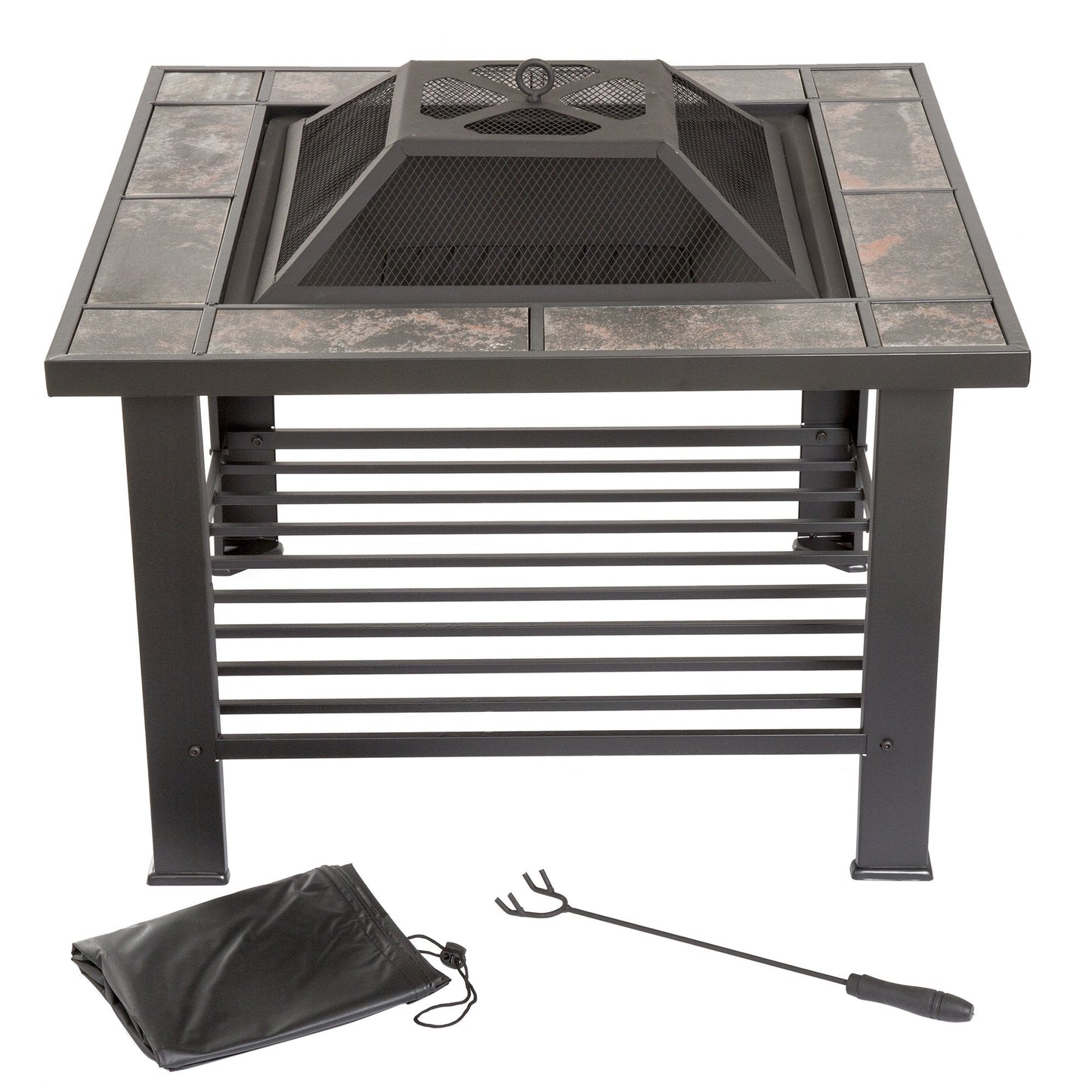 Pure Garden 30″ Square Marble Tile Fire Pit Set – Black