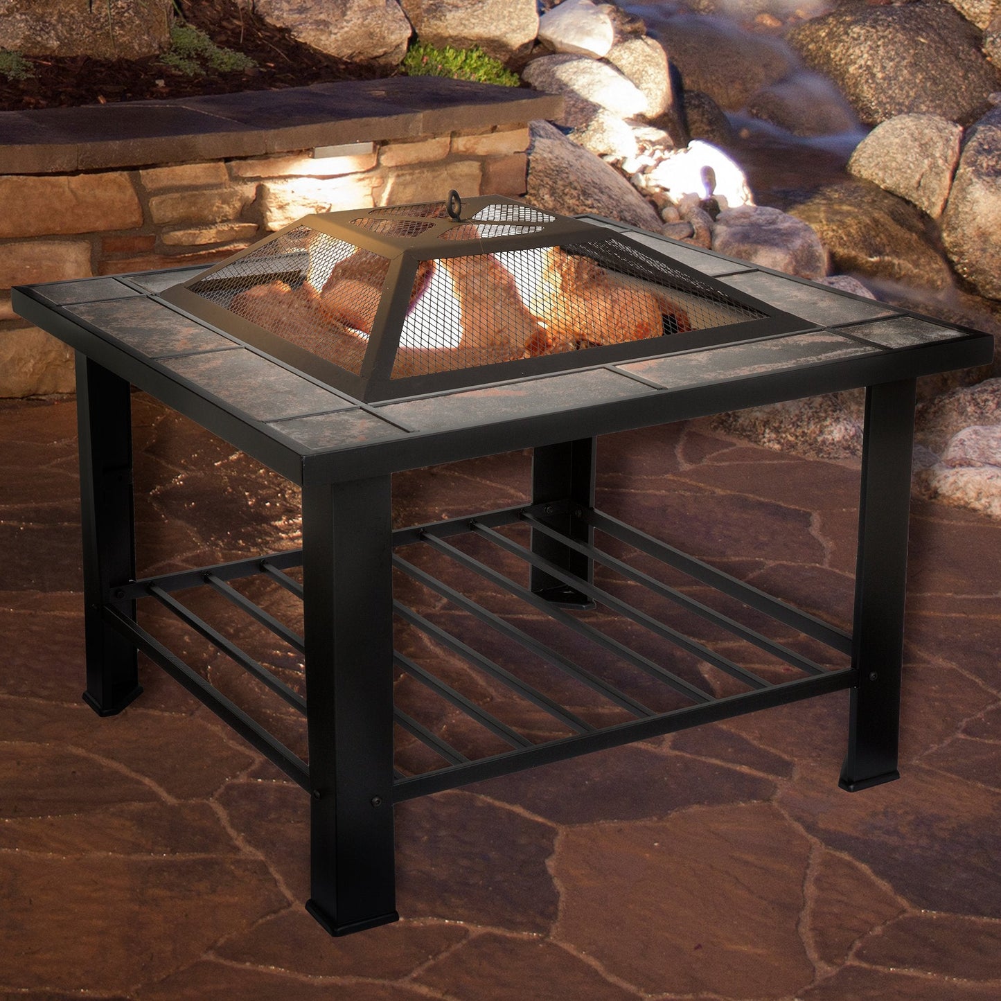 Pure Garden 30″ Square Marble Tile Fire Pit Set – Black