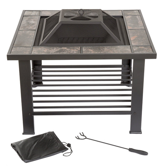 Pure Garden 30″ Square Marble Tile Fire Pit Set – Black